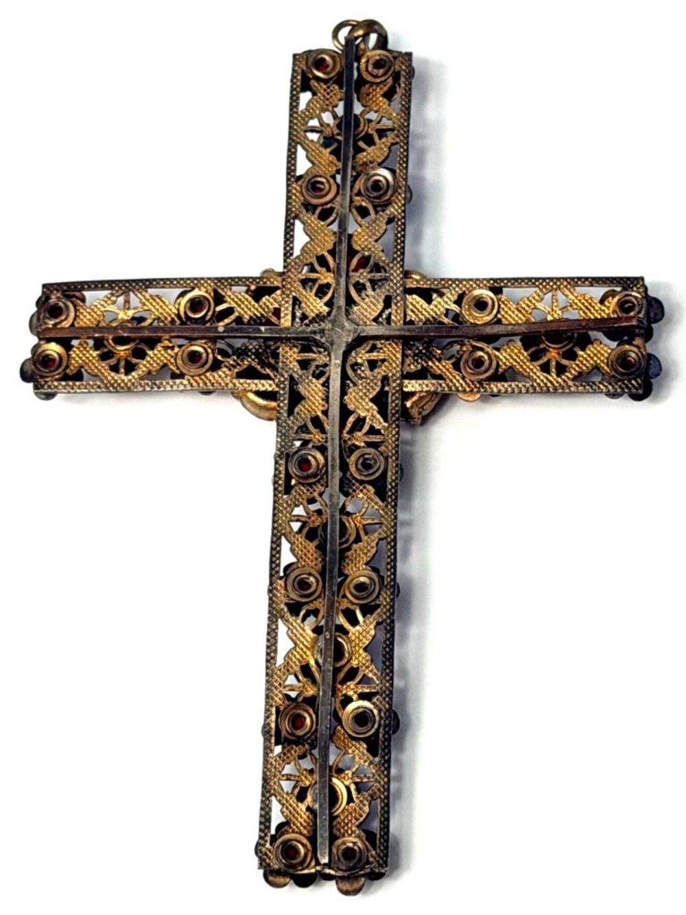 Large Vintage Red Rhinestone Cross Pendant Filigree Brass Czech Gothic Estate 4" - Picture 5 of 8